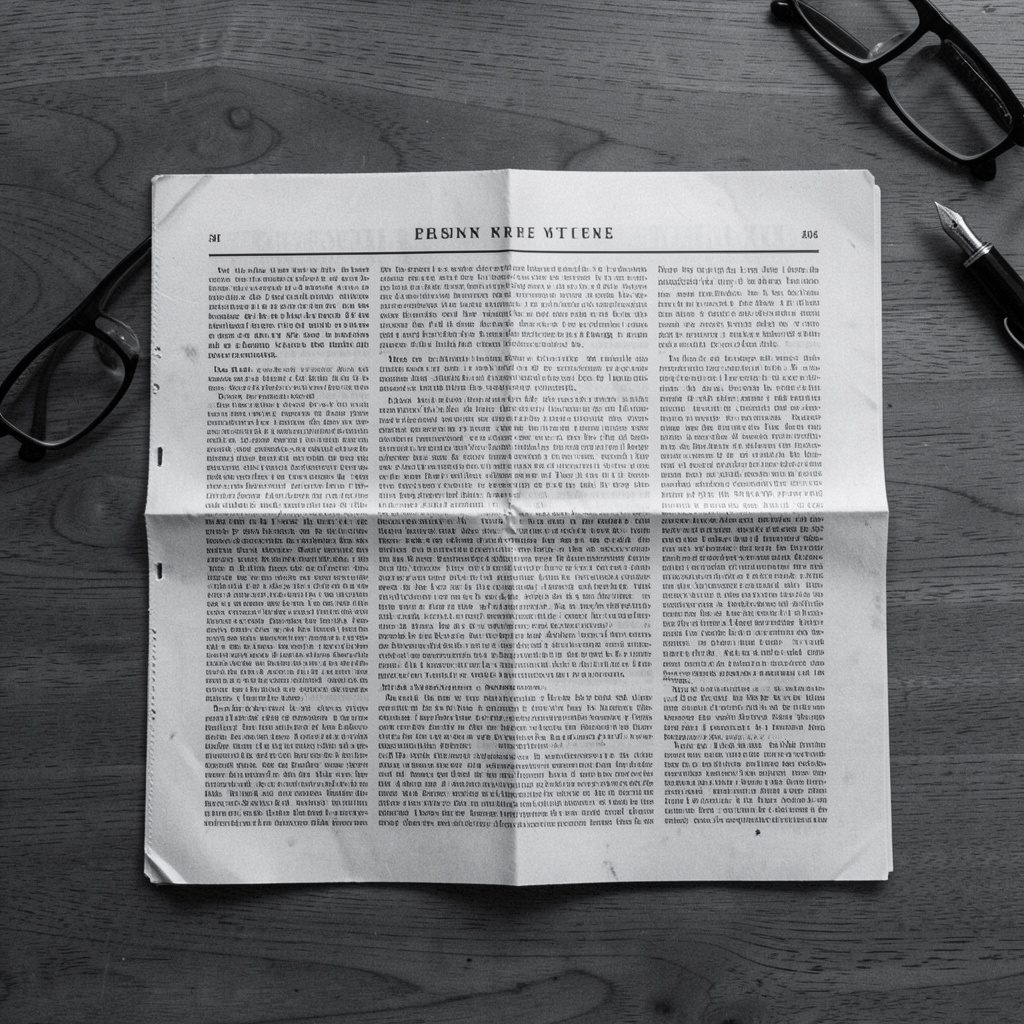 Overhead flat-lay photograph of a folded broadsheet newspaper on a wooden desk with reading glasses and a fountain pen, soft shadows, monochrome black and white accents, contemplative mood.