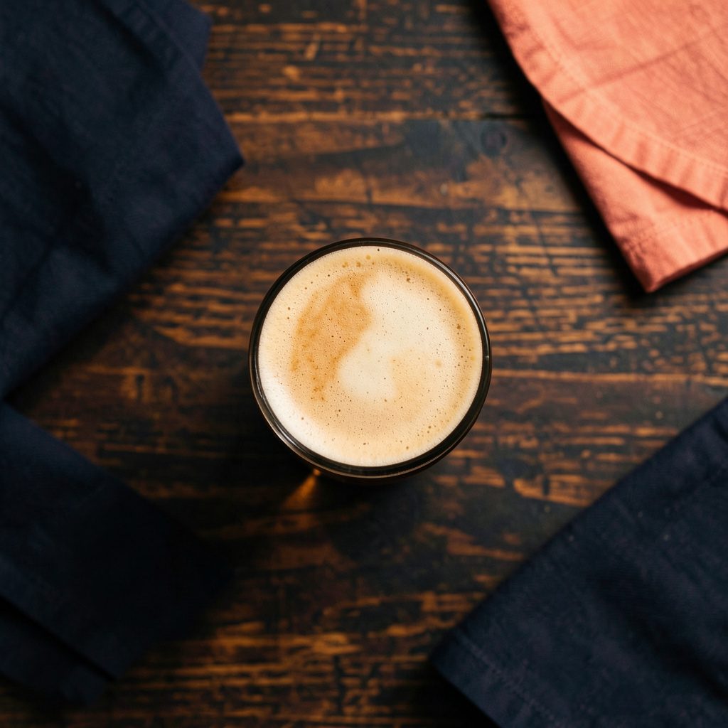 Overhead flat-lay photograph of a pint of stout with a creamy tan head on a dark wooden pub table, warm amber lighting, deep navy and coral tones, classic and relaxed mood.