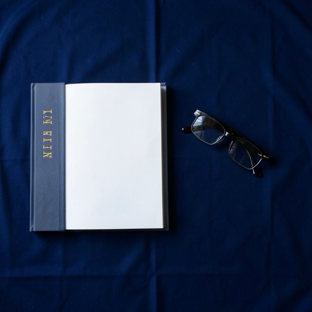 Overhead flat-lay photograph of an open hardcover book beside a pair of reading glasses on a deep navy fabric background, gold lettering on the spine, scholarly and reflective mood.