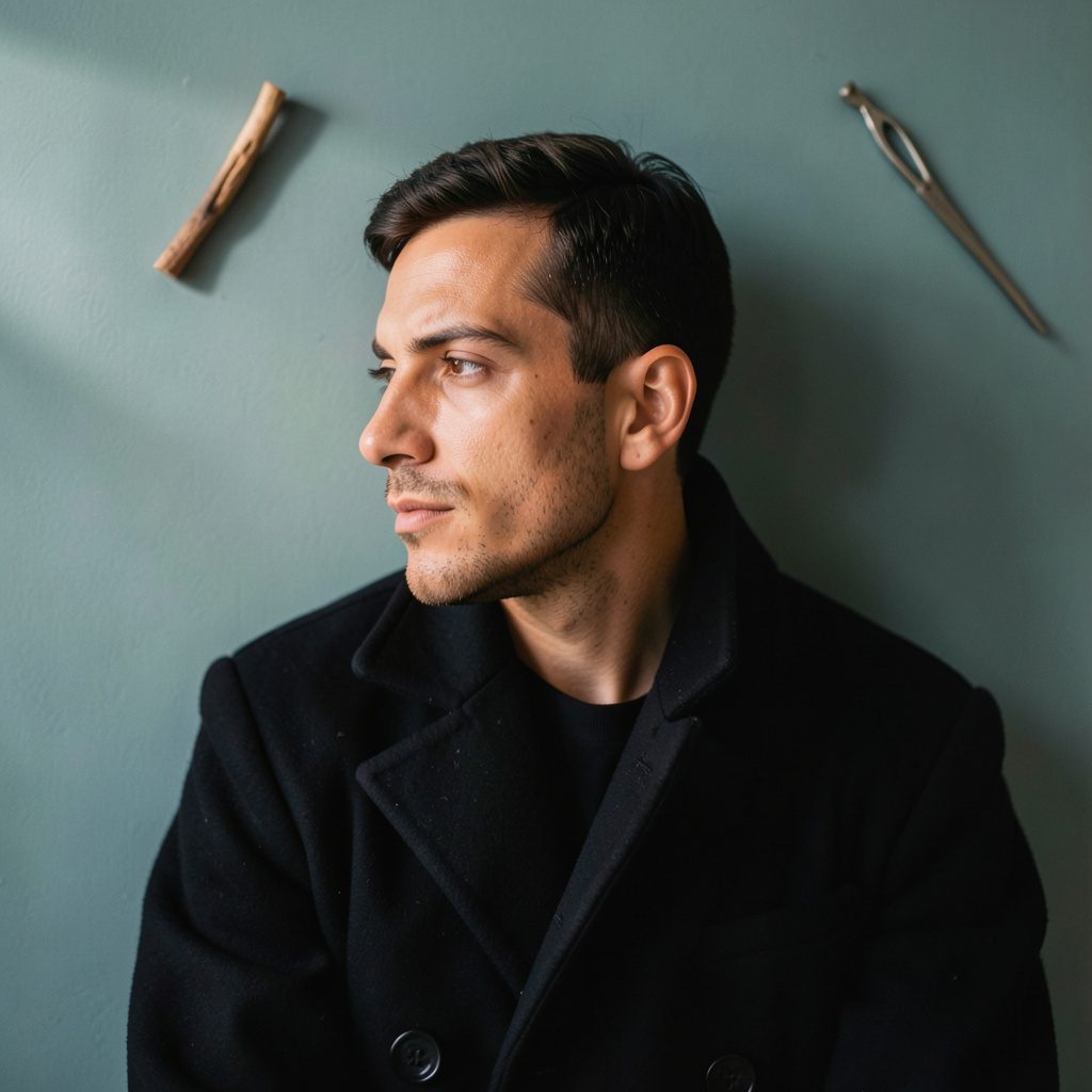 Atmospheric portrait-style photograph of a man in a dark wool coat seen in soft side light against a muted teal wall, warm skin tones, contemplative expression, shallow depth of field.