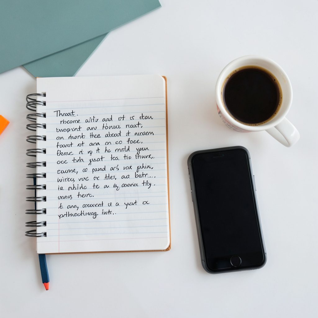 Overhead flat-lay photograph of a notebook with handwritten notes beside a smartphone and a takeaway coffee cup on a clean white desk, muted teal and orange accents, analytical and focused mood.