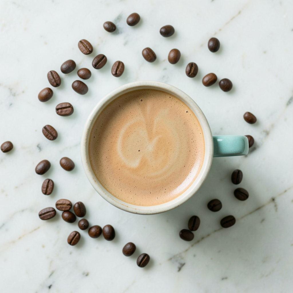 Overhead flat-lay photograph of a flat white in a ceramic cup resting on a pale marble surface, with espresso beans scattered around, soft natural daylight, muted teal and warm brown tones, calm and inviting mood.